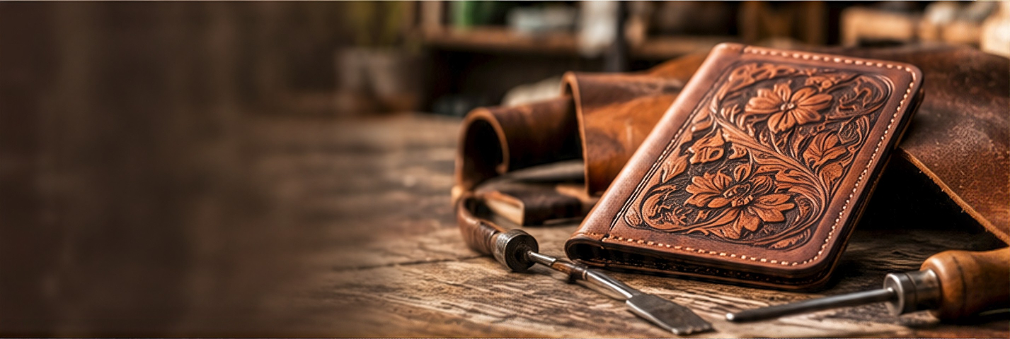 Hand-tooled leather wallet with floral design on a wooden workbench