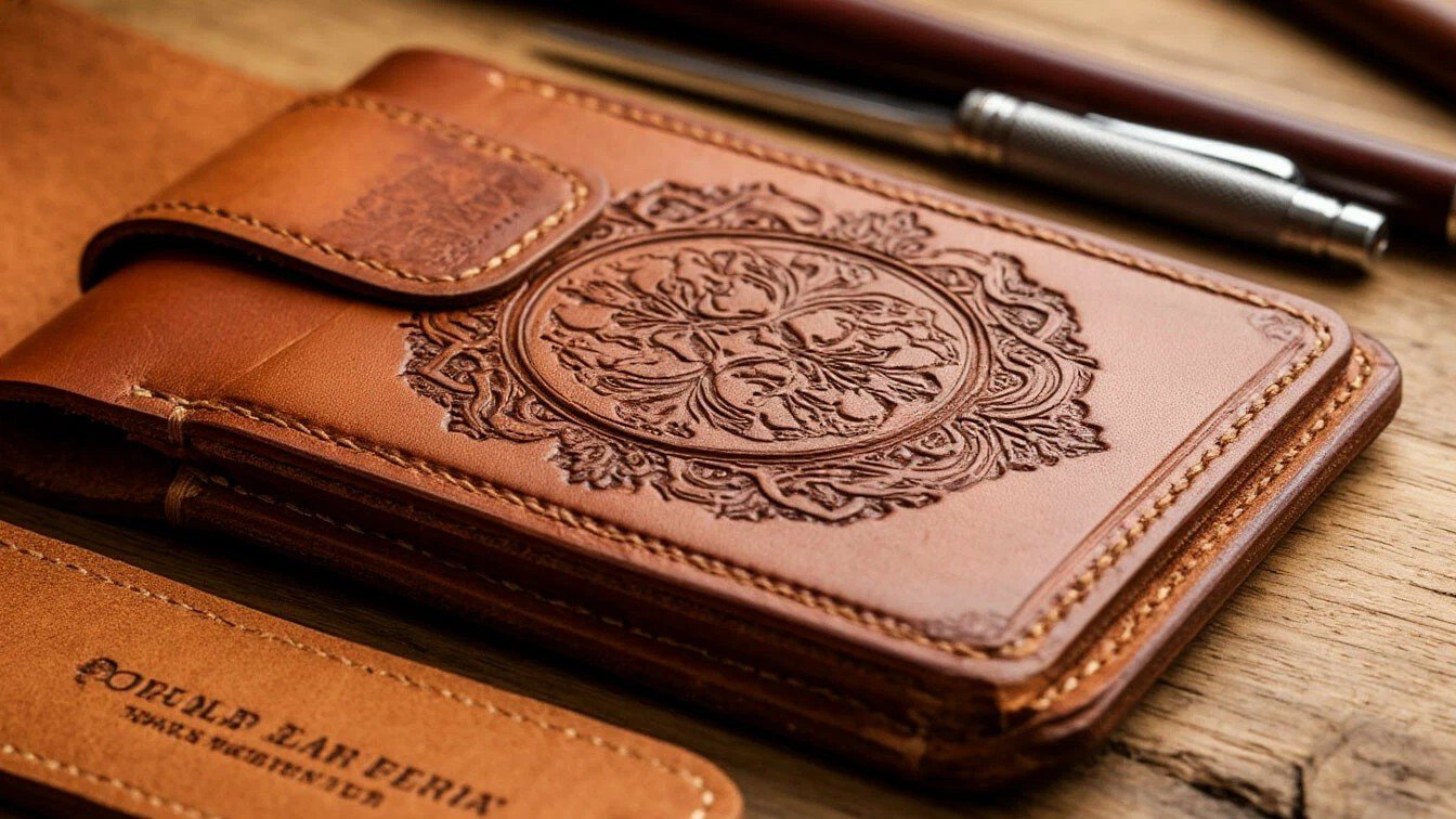 Hand-tooled leather wallet with pen on wooden table