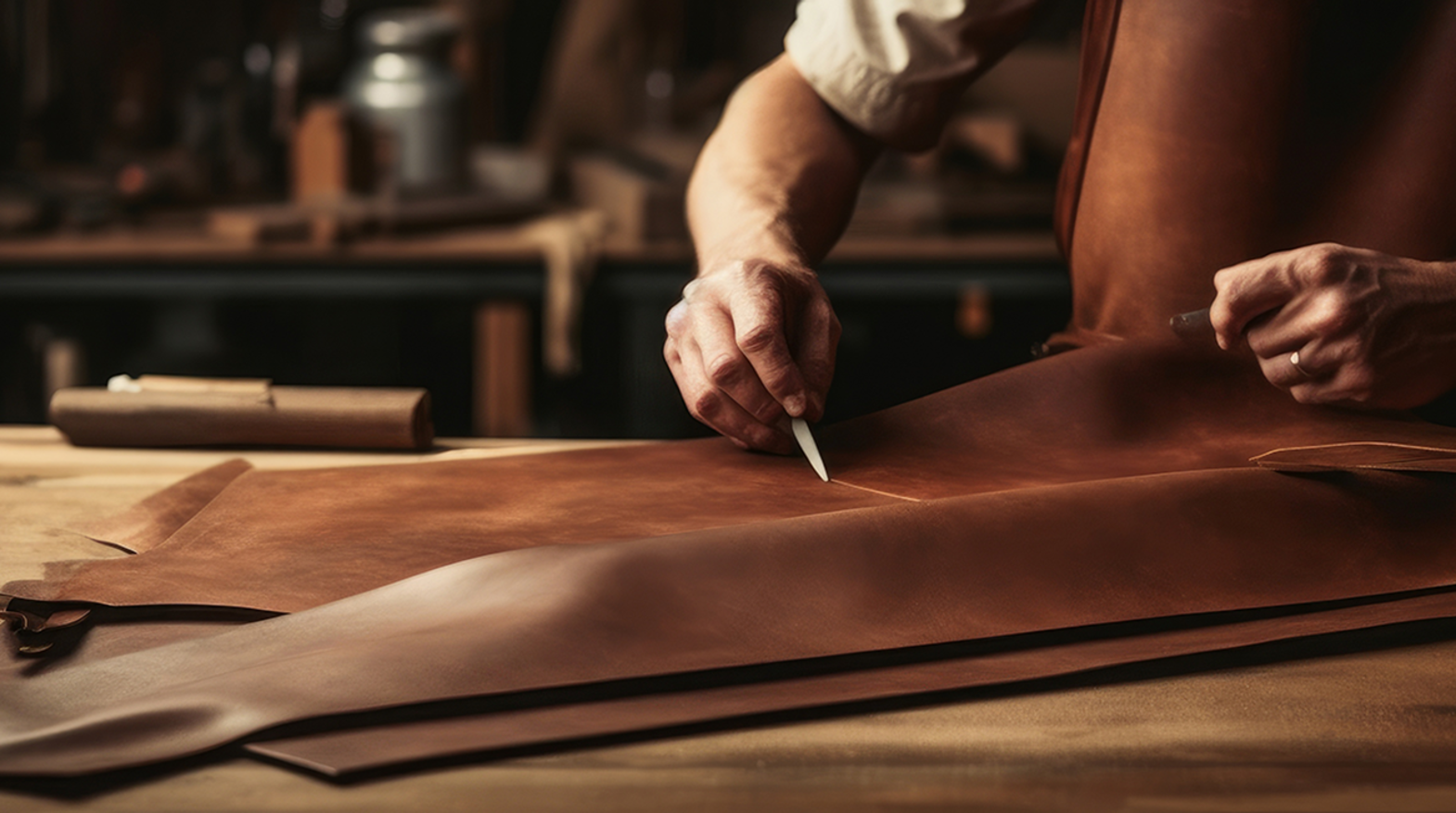 Artisan hand-cutting leather on a workbench